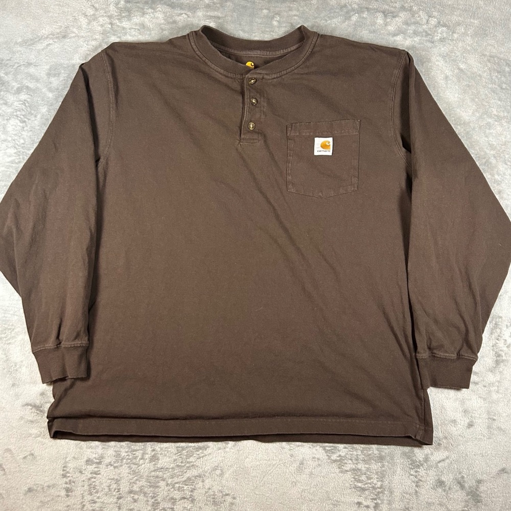 Carhartt Mens XL Dark Brown Long Sleeve Henley Pocket T-Shirt K128 DKB Cotton